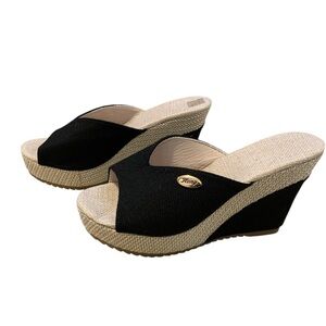 Hong Black Raffia Jute Wedge Espadrille Platform Sandals Size 39